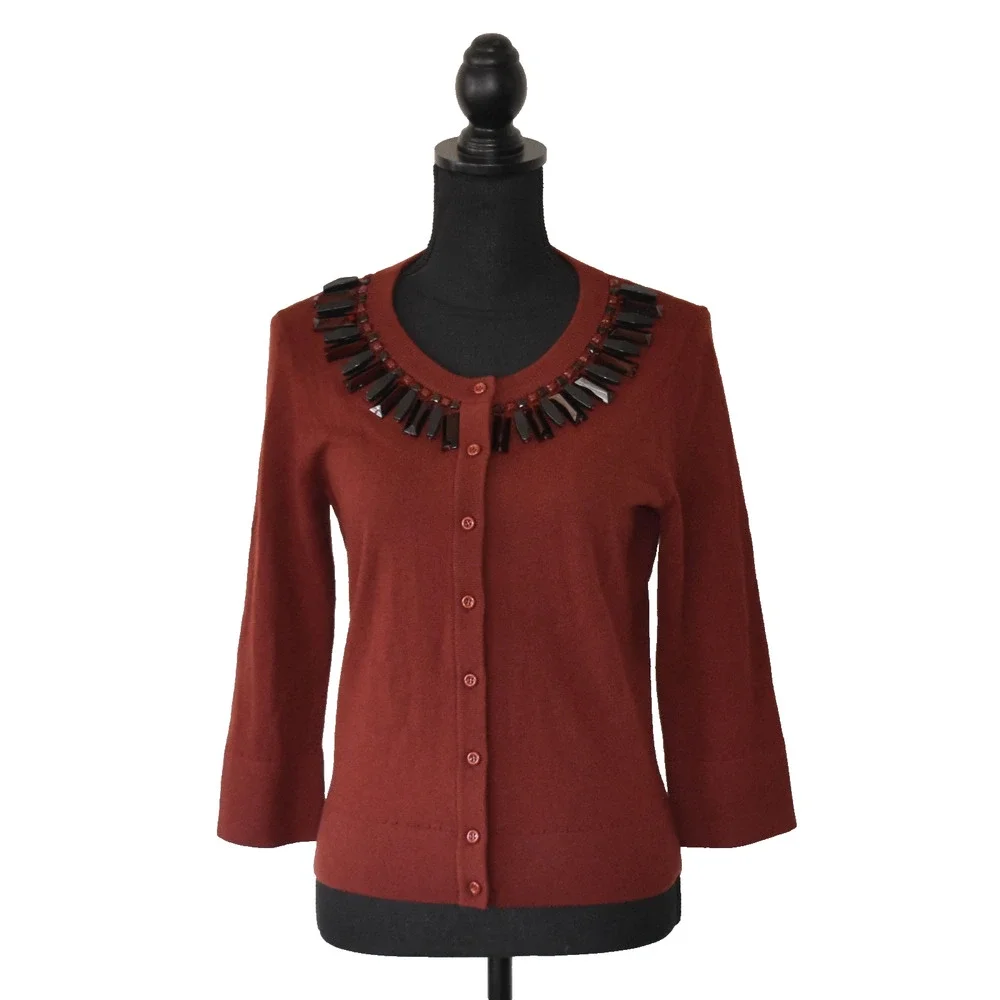 B0 Auth KATE SPADE Burgundy Wool/Cashmere Tiered Crystal & Bead Cardigan Size M